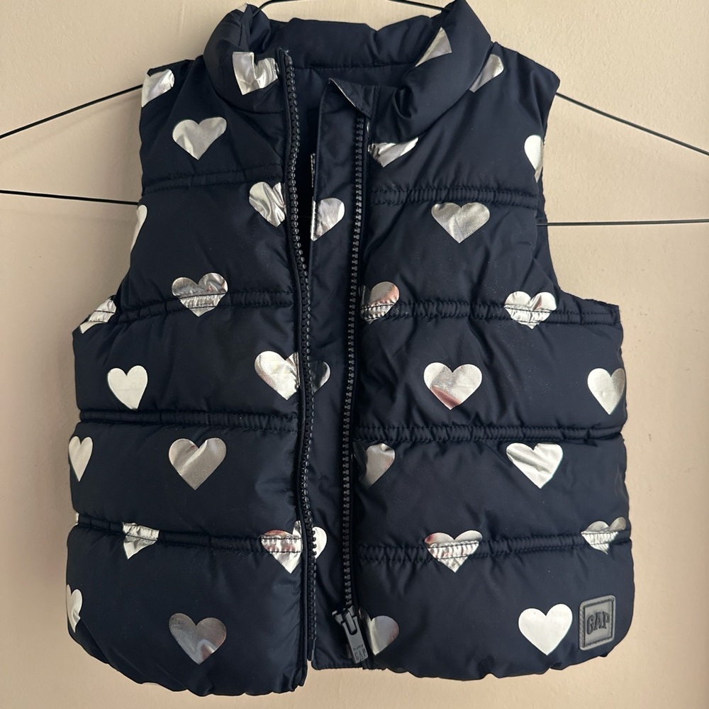 GAP Navy Puffer Vest with Silver Hearts